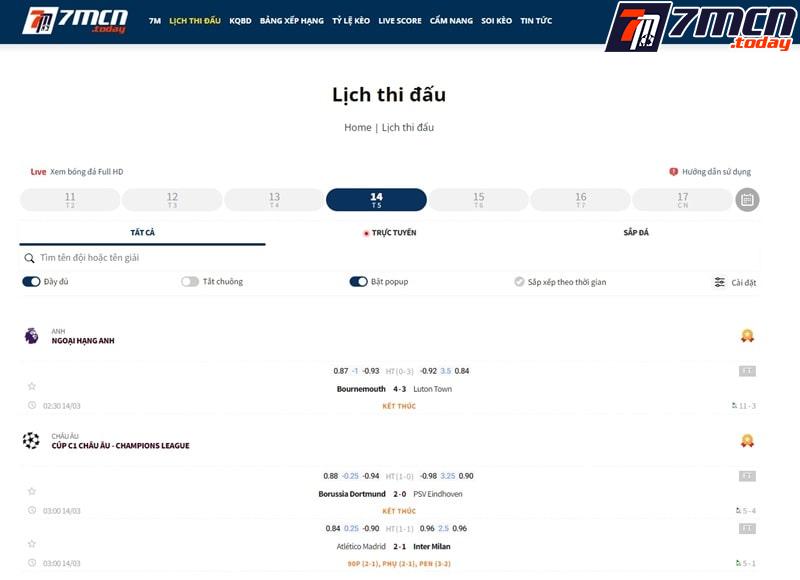 Lịch thi đấu 7M được cập nhật mỗi ngày